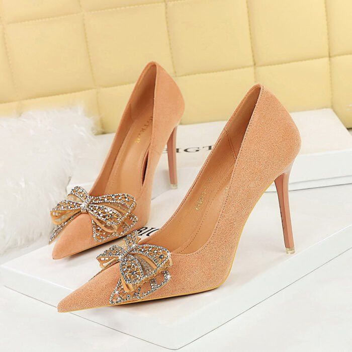 Bigtree Shoes 9511-h39 Korean Style Banquet High Heels Stiletto Heel Suede Shallow Mouth Pointed Toe Rhinestone Bow Women's Shoes - Image 1