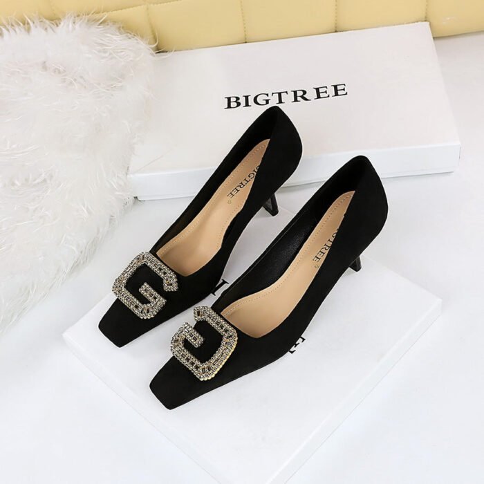 BIGTREE SHOES 6183-k21 European and American Style Banquet Women's Shoes High Heel Suede Square Toe Metal Rhinestone G Buckle Spring and Autumn Women's Shoes - Image 1