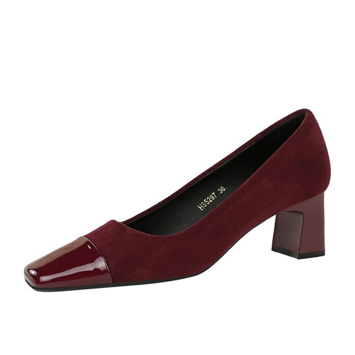 BIGTREE SHOES 5297 European and American Style Stylish Simple and Versatile Women's Shoes Mid Heel Chunky Heel Low-Cut Suede Stitching Square Toe Spring and Autumn Single-Layer Shoes Women - Image 5