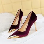 9318-1 European and American Style Banquet Affordable Luxury Fashion High Heels Stiletto Heel Metal Pointed Toe Suede Women's Thin Shoes BIG TREE SHOES