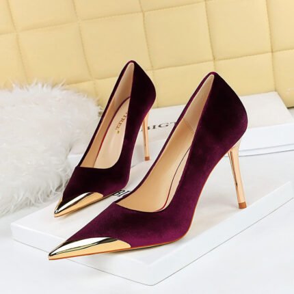 9318-1 European and American Style Banquet Affordable Luxury Fashion High Heels Stiletto Heel Metal Pointed Toe Suede Women's Thin Shoes BIG TREE SHOES