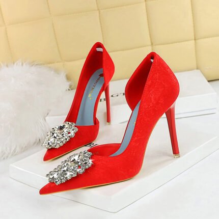 BIG TREE 6168-K11 European and American Style High Heels Banquet Women's Shoes Stiletto Heel Shallow Mouth Pointed Toe Side Hollow Rhinestone Pumps Women