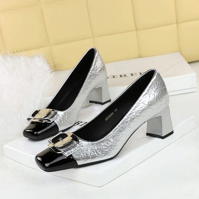 BIGTREE SHOES 5299-k91 European and American Style Fashion Business Ol Commuter Women's Shoes Color Matching Square Toe Low-Cut Metal Buckle Bow Pumps - Image 4