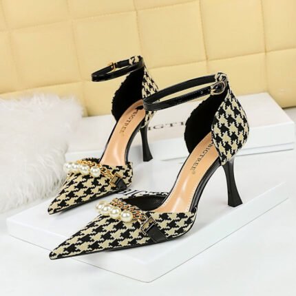 BIGTREE SHOES 8323-9 Korean Style Banquet Hollow High Heel Shoes Plaid Houndstooth Pearl Metal Chain Strap Sandals for Women