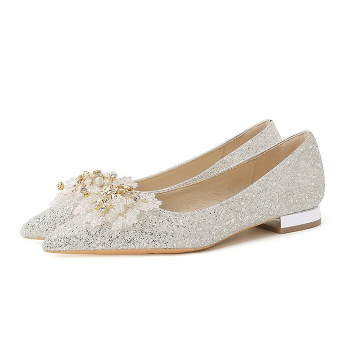229-10 French Pointed Flat Low Heel Elegant Rhinestone Wedding Shoes Wedding Dress Two-Way Wear - Image 5