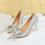 Big Tree Shoes 1829-AH5 European and American Style Banquet Women's Shoes High Heel Low-Cut Pointed Shining Sequin Cloth Rhinestone Bow Pumps Women - Image 2