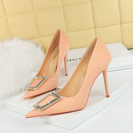 BIGTREE 3265-k8 Korean Style Fashion Banquet High Heel Stiletto Low Mouth Pointed Toe Metal Buckle Rhinestone Buckle High Heel Pumps Women