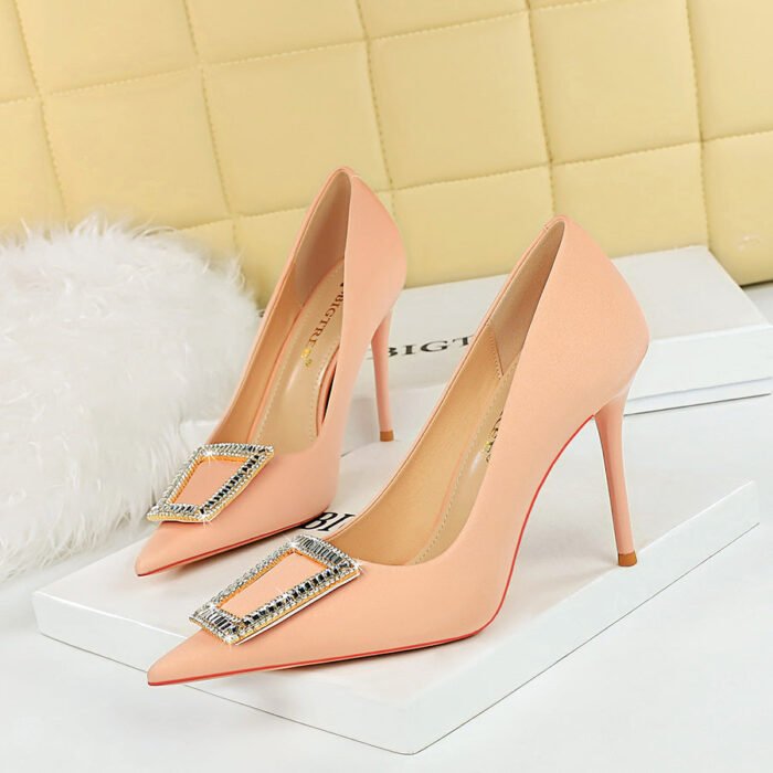 BIGTREE 3265-k8 Korean Style Fashion Banquet High Heel Stiletto Low Mouth Pointed Toe Metal Buckle Rhinestone Buckle High Heel Pumps Women - Image 1