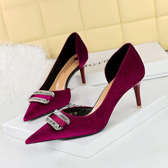 BIGTREE SHOES 1363-Ak76 Banquet Women's Shoes High Heel Stiletto Heel Thick Suede Shallow Mouth Pointed Toe Side Hollow Rhinestone Buckle Women's Shoes - Image 1