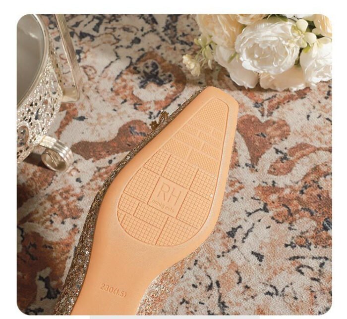 A29-6 French Square Head Gold Flat 2cm Low Heel High-Grade Rhinestone Bridesmaid Shoes Women - Image 8