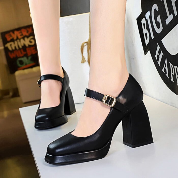 BIGTREE SHOES 9613-1 Retro European and American Style Chunky Heel Square Heel High Heel Waterproof Platform Square Toe Shallow Mouth Belt Buckle Strap Single Shoes for Women - Image 2