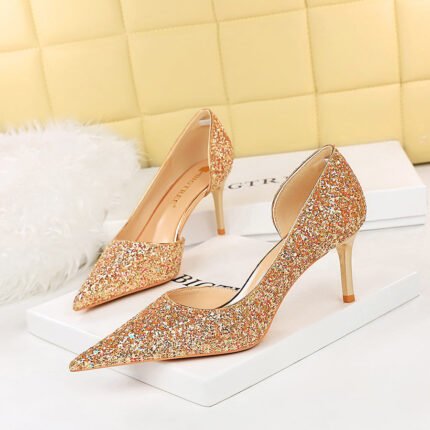 8829-A3 European and American Style Thinner Series Heel High Heel Low-Cut Pointed Side Hollow Sparkle Sequins Pumps