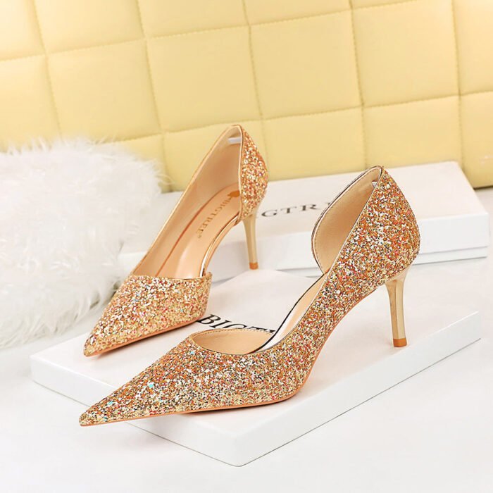8829-A3 European and American Style Sexy Nightclubs Thinner Series Heel High Heel Low-Cut Pointed Side Hollow Sparkle Sequins Pumps - Image 1