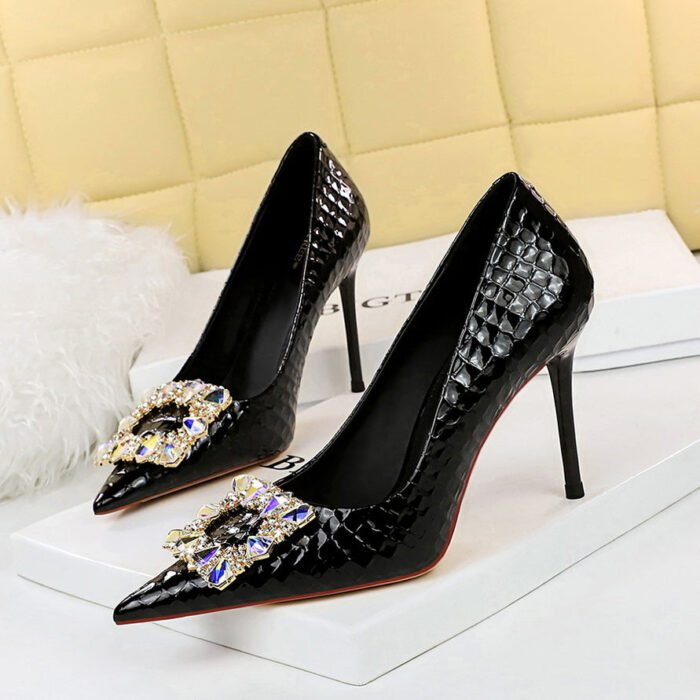 BIGTREE SHOES 9283-3 European and American Banquet High Heels Skinny Women's Shoes Stiletto Heel Shallow Mouth Pointed-Toe Metal Rhinestone Buckle Pumps - Image 1