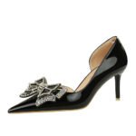 BIG TREE SHOES 638-Ah18 European and American Banquet Women's Shoes Stiletto Heel Patent Leather Low-Cut Pointed Toe Side Hollow Rhinestone Bow Pumps - Image 5