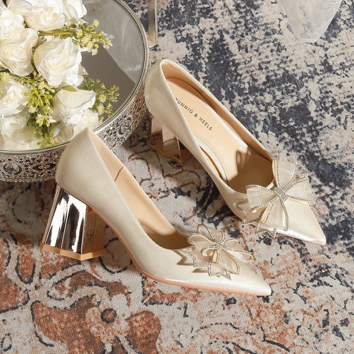 7118-51 Apricot Flower High Heel Women's Chunky Heel High-Grade Xiuhe Wedding Dress Engagement Annual Meeting Pumps - Image 1