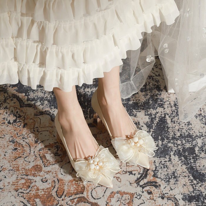7118-16 Apricot High Heels Women's Pointed Toe Chunky Heel Wedding Shoes Niche High Sense Xiuhe Wedding Dress Engagement - Image 2