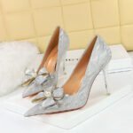 BIG TREE SHOES 1829-H15 European and American Style Banquet High Heels Stiletto Heel Shallow Mouth Pointed Pearl Rhinestone Bow Pumps - Image 2