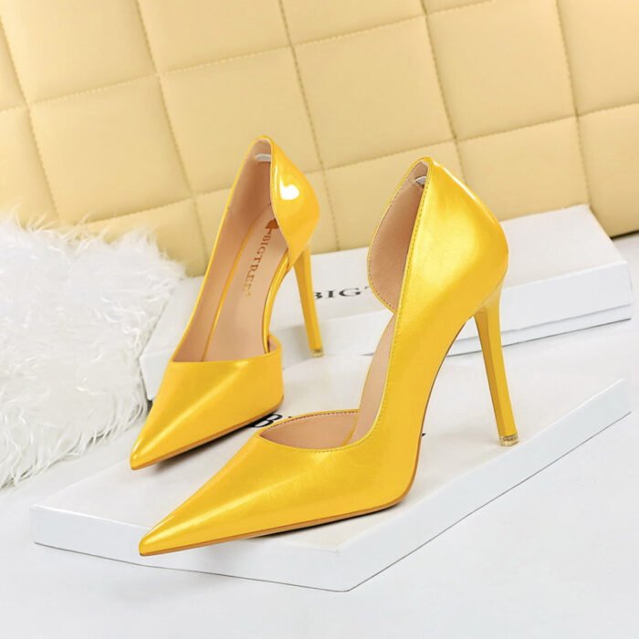 1363-A2 Korean fashion slim banquet fine heel high heel shallow pointed side hollow patent leather women's shoes single shoes high - Image 13