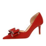 BIGTREE SHOES 3226-Ah36 European and American Style Banquet Women's Shoes Stiletto Heel Shallow Mouth Pointed Side Hollow Rhinestone Bow Pumps - Image 5