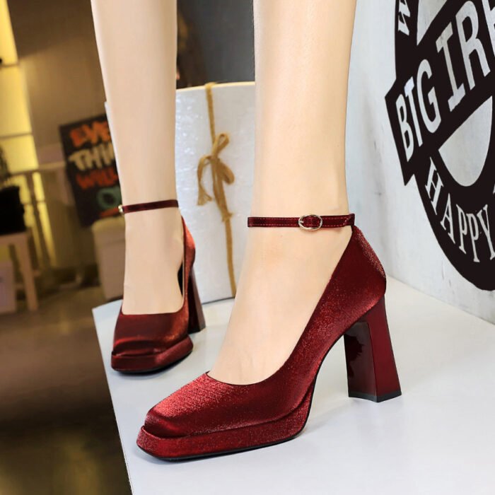 BIGTREE SHOES 9982-k105 European and American Style Banquet High Heels Wedding Shoes Thick Heel Super High Heel Waterproof Platform Satin Ankle-Strap Shoes - Image 1