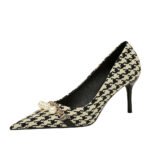 9283-A1 European and American thin-heeled high-heeled shallow-pointed cloth plaid houndstooth metal chain pearl shoes - Image 5