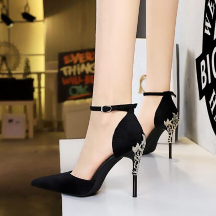 283-15 Fashion Banquet-15 Korean Style High Heel Low-Cut Metal Decorative Heel Pointed Light Velvet Hollow Strap Sandals