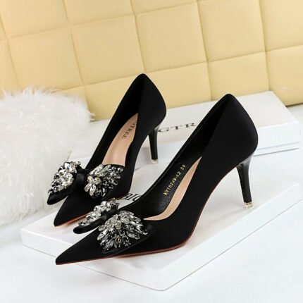 BIG TREE Shoes 18249-ah3 European and American Style Light Luxury Banquet Women's Shoes High Heel Stiletto Low Mouth Pointed Toe Rhinestone Bow Pumps Women