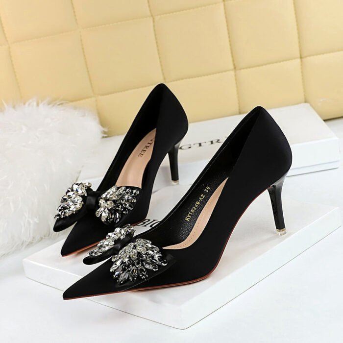 BIG TREE Shoes 18249-ah3 European and American Style Light Luxury Banquet Women's Shoes High Heel Stiletto Low Mouth Pointed Toe Rhinestone Bow Pumps Women - Image 1