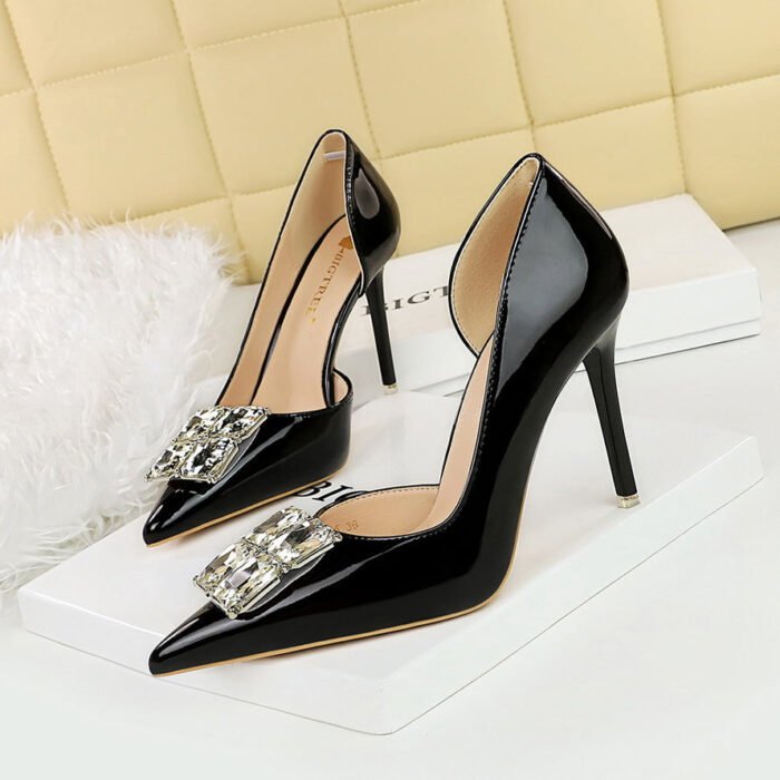 BIGTREE SHOES 638-K58 High Heel Stiletto Patent Leather Shallow Pointed Toe Square Rhinestone Buckle Single Shoes for Women - Image 3