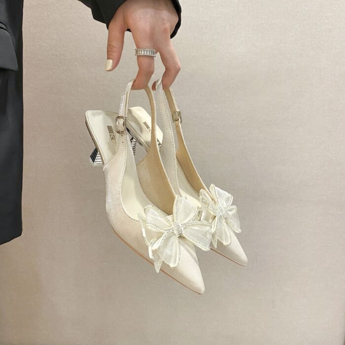 616-51 Pointed High Heels Women's New Elegant Mesh Butterfly Rhinestone Casual Shoes - Image 1