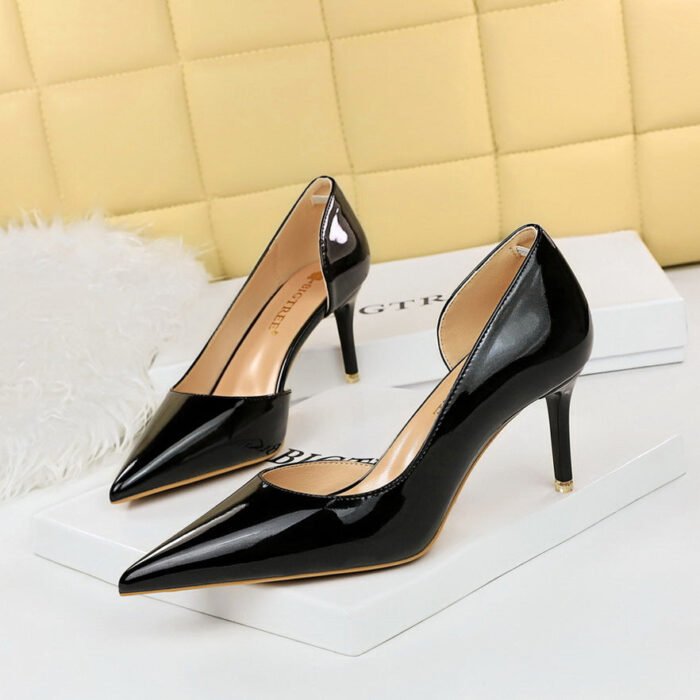 1363-A2 Korean fashion slim banquet fine heel high heel shallow pointed side hollow patent leather women's shoes single shoes high - Image 7