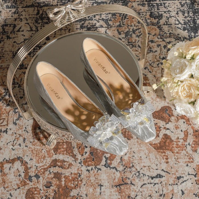 228-52 Silver Thin and Glittering Crystal Bow Thick Heel Flat Wedding Shoes Square Toe Bridal Shoes - Image 1