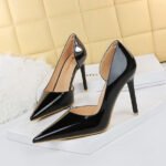 1363-A2 Korean fashion slim banquet fine heel high heel shallow pointed side hollow patent leather women's shoes single shoes high - Image 12
