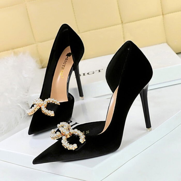 Bigtree Shoes 1363-K79 Banquet High Heels Shallow Mouth Pointed Thick Suede Side Hollow Pearl Rhinestone Buckle Bow Shoes - Image 3