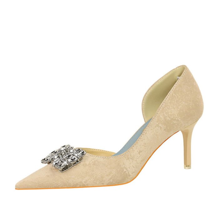 BIGTREE SHOES 6168-Ak51 Korean Style High Heel Stiletto Low Mouth Pointed Side Hollow Cloth Surface Metal Rhinestone Bow Buckle Pumps - Image 5