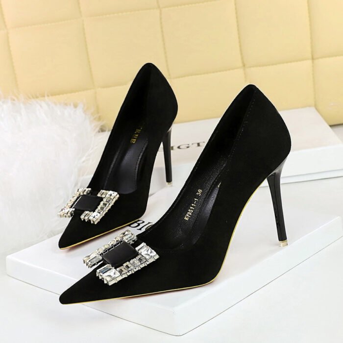 BIGTREE SHOES 9511-K75Shallow Pointed Toe Square Rhinestone Single Shoes High Heels - Image 1