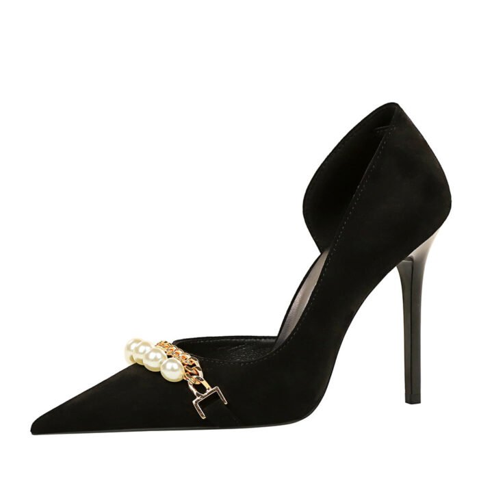 8829-2 European and American Style Banquet Slimming Super High Heel Suede Shallow Mouth Pointed Pearl Metal Chain Side Hollow Pumps - Image 5