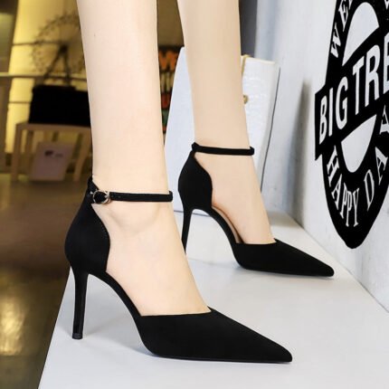 BIGTREE SHOES 8386-8 European and American Style Simple Hollow Women's Shoes Stiletto Heel Shallow Mouth Pointed Toe Suede Hollow-out Strap Sandals