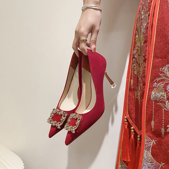 Runnig heels C888-31 Red Wedding Shoes Bridal Shoes High-Grade Pointed Wedding Shoes - Image 13