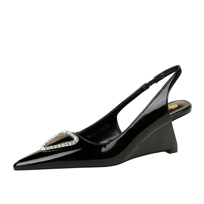 BIGTREE SHOES 1097-K37 European and American Banquet Women's Fashion Shoes High Heel Wedge Shiny Patent Leather Rhinestone Buckle Hollow Back Strap Pumps - Image 5
