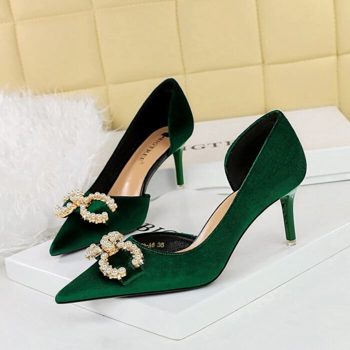 BIGTREE SHOES 1363-Ak79 Banquet Women's Shoes High Heel Suede Shallow Mouth Pointed Side Hollow Rhinestone Buckle Pearl Bow Pumps - Image 1