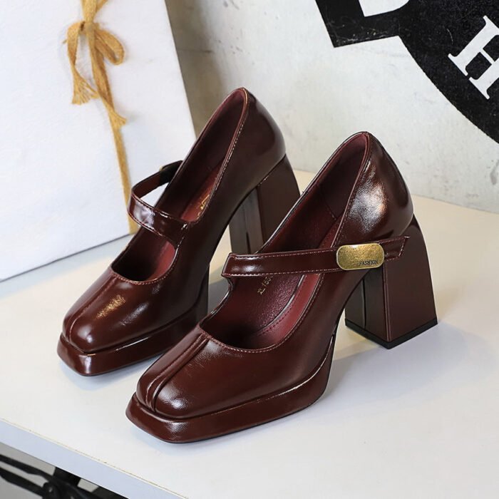 BIGTREE SHOES 1868-k93 Retro Style European and American High Heels Women's Shoes Chunky Heel High Heel Waterproof Platform Metal Buckle Ankle-Strap Shoes - Image 1