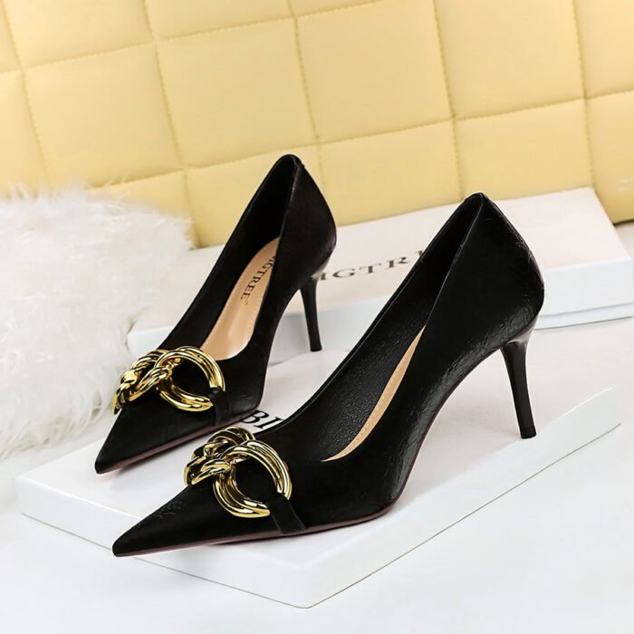 7239-A1 European and American fashion banquet women's shoes fine heel high heel shallow pointed metal buckle single shoes high heels - Image 1
