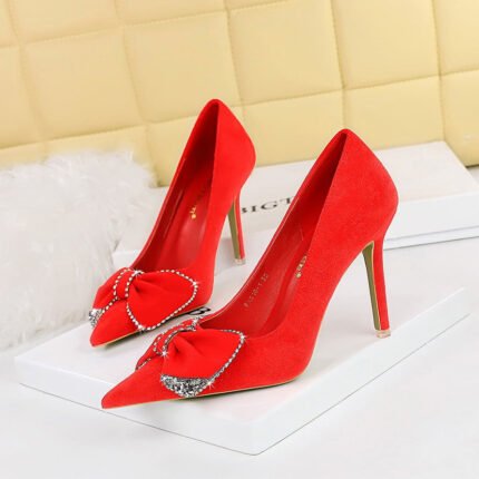 BIGTREE SHOES 516-h31 Korean Style Fashion Banquet High Heels Stiletto Women's Shoes Suede Shallow Mouth Pointed Toe Rhinestone Bow Pumps