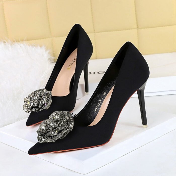 BIGTREE SHOES 18249-H52 European and American High Heels Women's Shoes Stiletto Heel Satin Shallow Mouth Pointed Toe Rhinestone Rose Pumps - Image 1