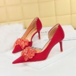 BIGTREE SHOES 3226-Ah27 Banquet European and American Style Women's Shoes Stiletto Heel Shallow Mouth Pointed Toe Side Hollow Rhinestone Bow Pumps - Image 2