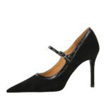 Bigtree Shoes 1198-6 Retro Europe and America Wind Black High Heels Stiletto Heel Suede Shallow Mouth Pointed Toe Strap Women's Shoes - Image 4