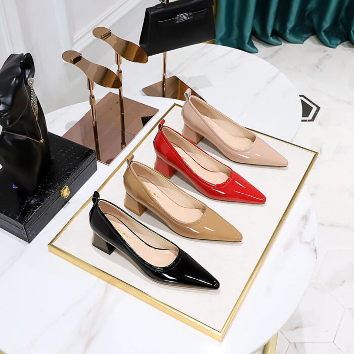 1235-1 Korean Fashion Simple Comfortable All-Matching Chunky Heel Mid Heel Patent Leather Shallow Mouth Pointed Business Ol Women's Thin Shoes - Image 2