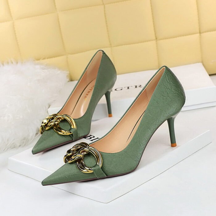 7239-A1 European and American fashion banquet women's shoes fine heel high heel shallow pointed metal buckle single shoes high heels - Image 8